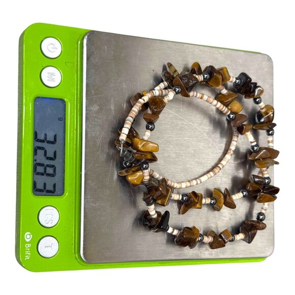 Vintage Heishi Beaded Tigers Eye & Shell Bead Necklace Southwest Barrel Clasp - Picture 6 of 7